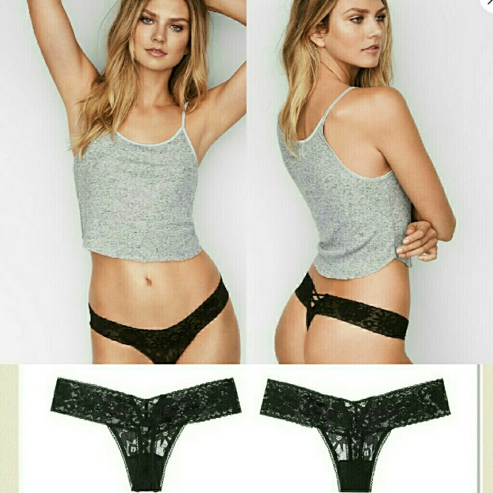 VICTORIA'S SECRET "THE LACIE" BLACK FLORAL LACE THONG CRISSCROSS ACCENT MED NWT!